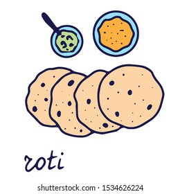 Hand drawn isolated indian food icon. Color fill illustration of indian flat bread. Roti or chapati.