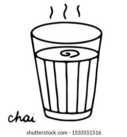 Hand drawn isolated indian tea icon. Black outline the glass of indian chai masala.