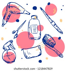 Hand drawn isolated objects. Beauty store background with hairdressing objects and abstract circle background. Template Vector. Hand drawn isolated objects