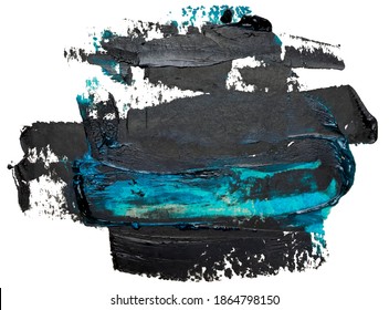 Hand drawn isolated oil paintbrush stripe with deep dirty black color and turquoise spots esp 10 vector illustration. Template for your text atop.