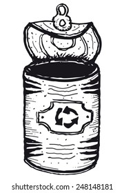 Hand drawn isolated open can/ Illustration of a hand drawn isolated open can with recyclable logo label