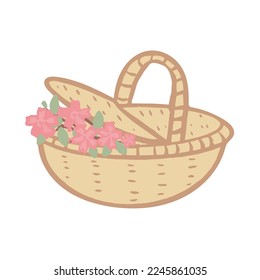 Hand drawn isolated open woven basket with sakura flowers, hanami picnic element. Vector illustration.