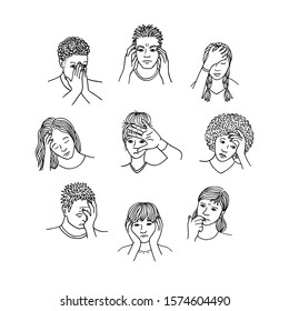 Hand drawn isolated people with sad, depressed and anxious facial expressions, black and white line drawing