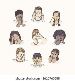 Hand drawn isolated people with sad, depressed and anxious facial expressions