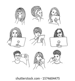 Hand drawn isolated people with smartphone, tablet or laptop, black and white line drawing