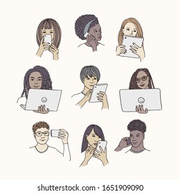 Hand drawn isolated people with smartphone, tablet or laptop