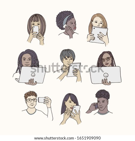 Hand drawn isolated people with smartphone, tablet or laptop