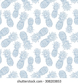 Hand drawn isolated pineapples seamless pattern on white background. Sketched abstract vector food illustration. Design blue ink artistic element for card, print, template, wallpaper, texture, cover