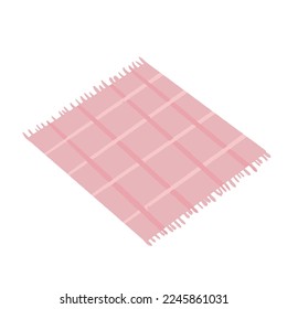 Hand drawn isolated pink picink blanket with grid pattern and tassels, isometric hanami picnic element. Vector illustration.