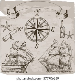 Hand drawn isolated sailing attributes: compass, sailing ship, message in a bottle, starfish, text box.