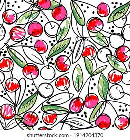 Hand drawn isolated seamless pattern with cherry on white background. Sketched food vector. Abstract colorful illustration. 