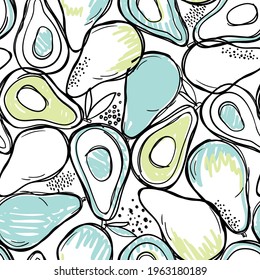 Hand drawn isolated seamless pattern with avocado on white background. Sketched food vector. Abstract colorful illustration
