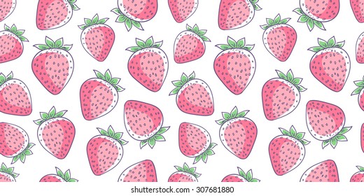 Hand drawn isolated seamless pattern strawberry on white background banner. Sketched food vector background. Abstract colorful berry illustration. Design element for card, print, template, wallpaper