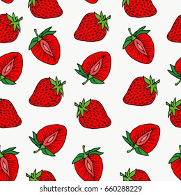 Hand drawn isolated seamless pattern of strawberry on white background banner. Fruit background. Hand drawn.