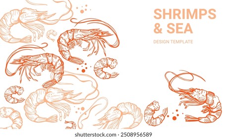 Hand drawn isolated seamless vector pattern of shrimps. Shrimps and langoustines. Prawns. Seafood, food vintage illustration.	