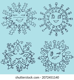 Hand drawn isolated set with blue kawaii snowflake. Vector illustration for prints, greeting cards and invitations, t-shirt designs, covers and fabrics. 