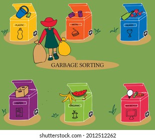 Aislado a mano con coloridas papeleras para diferentes tipos de basura (orgánica, plástica, metálica, papel, vidrio, basura electrónica) y una niña que separa la basura. Ilustración vectorial.