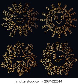 Hand drawn isolated set with golden kawaii snowflakes on black background. Vector illustration for prints, greeting cards and invitations, t-shirt designs, covers and fabrics. 