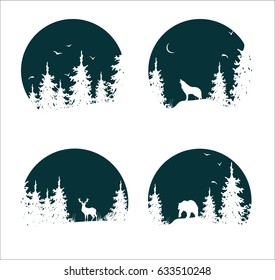 hand drawn isolated set of landscape icon, mountains, moon, pine and spruce forest and woodland animals: wolf, deer, bear 