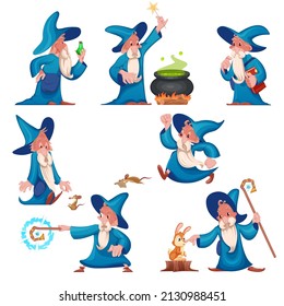 Hand drawn isolated set of magician in different poses and situations.