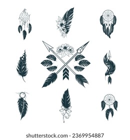 Conjunto aislado de nueve elementos de diseño étnico dibujado a mano. Ilustración vectorial para tatuajes, impresión y diseño web.