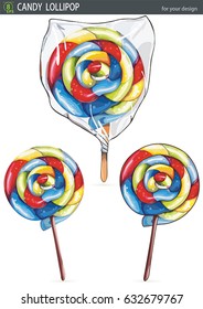 Hand drawn isolated sweet candy illustration. Beautiful vector lollipops, isolated on white background