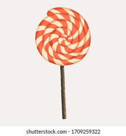 Hand drawn isolated sweet lollipop with red and white lines. Vector illustration in cartoon style