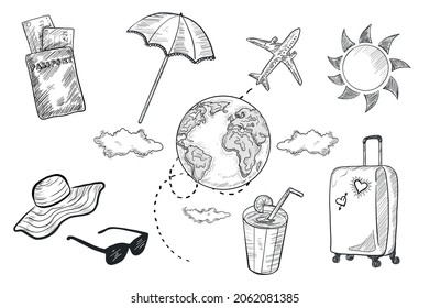 Hand drawn isolated traveling concept vector illustrations Vintage and retro style hand drawn travel design elements or stickers Can be used as graphic design elements or fas printed stickers or else 