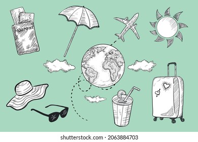 Hand drawn isolated traveling concept vector illustrations Vintage and retro style hand drawn travel design elements or stickers Can be used as graphic design elements or fas printed stickers or else 