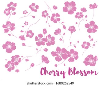 Hand drawn isolated vector cherry blossom illustration clipart. Silhouette sakura flowers illustration set. Sakura blossom silhouette icons. Botanical flowerscape illustration set. 