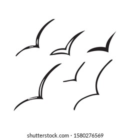 Hand drawn isolated vector icon, six seagull birds flying. Minimal design elements. Sketch for business identity, branding, web design.