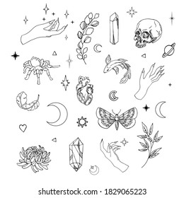 Hand drawn isolated vector illustration of crystals. Magical outline clipart for logo, print, card, textil design. Alchemy, magic, esoteric, occult.