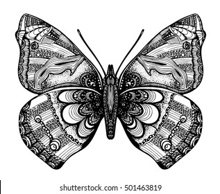Hand drawn isolated vector illustration. Beautiful butterfly in vintage tattoo style. 