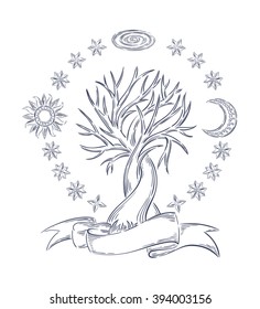 Hand drawn isolated vector mystic tree illustration. Magic, astrology, alchemy, chemistry, mystery, occultism design template for print, t-shirt, logo, tattoo.
