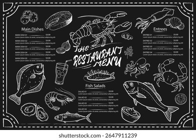Menu isolado de frutos do mar do vetor desenhado à mão. Variedades de peixes, camarões, ostras, mexilhões, lulas, caranguejos. Ilustração de moda de alimentos e modelo de fundo preto.