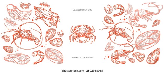 Hand drawn isolated vector set of seafood. Shrimps, langoustines, prawns, salmon, trout, oysters, mussels, squid, crab. Food vintage illustration and template on a white background.