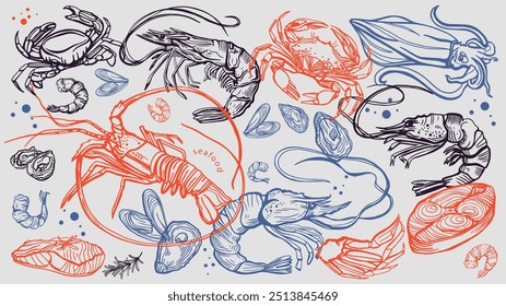 Conjunto isolado de frutos do mar desenhado à mão. Camarões, lagostins, camarões, salmão, truta, ostras, mexilhões, lulas, caranguejo. Comida vintage ilustração e modelo em um fundo branco.