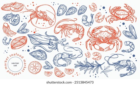 Hand drawn isolated vector set of seafood. Shrimps, langoustines, prawns, salmon, trout, oysters, mussels, squid, crab. Food vintage illustration and template on a white background.