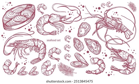 Conjunto isolado de frutos do mar desenhado à mão. Camarões, lagostins, camarões, salmão, truta, ostras, mexilhões, lulas, caranguejo. Comida vintage ilustração e modelo em um fundo branco.