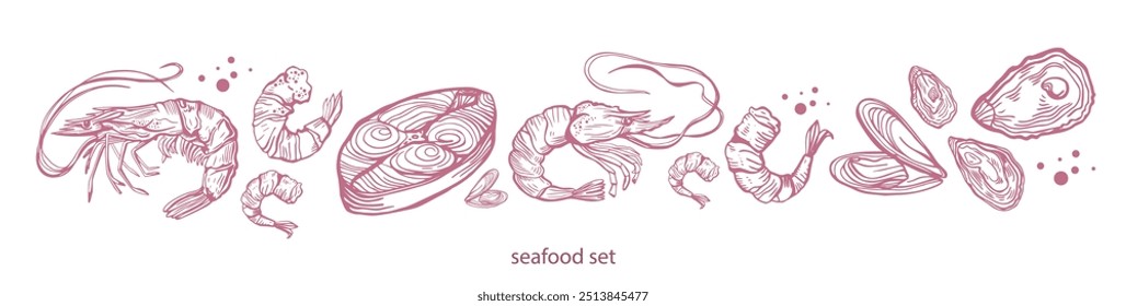 Conjunto isolado de frutos do mar desenhado à mão. Camarões, lagostins, camarões, salmão, truta, ostras, mexilhões, lulas, caranguejo. Comida vintage ilustração e modelo em um fundo branco.