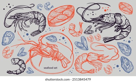 Conjunto isolado de frutos do mar desenhado à mão. Camarões, lagostins, camarões, salmão, truta, ostras, mexilhões, lulas, caranguejo. Comida vintage ilustração e modelo em um fundo branco.