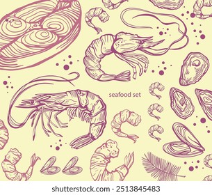 Conjunto isolado de frutos do mar desenhado à mão. Camarões, lagostins, camarões, salmão, truta, ostras, mexilhões, lulas, caranguejo. Comida vintage ilustração e modelo em um fundo branco.