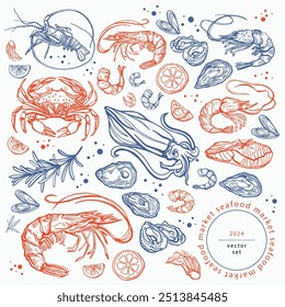 Hand drawn isolated vector set of seafood. Shrimps, langoustines, prawns, salmon, trout, oysters, mussels, squid, crab. Food vintage illustration and template on a white background.