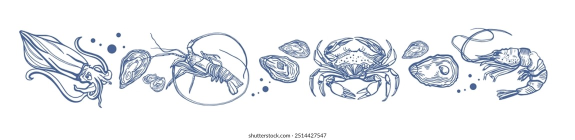 Conjunto isolado de frutos do mar desenhado à mão. Camarões, lagostins, camarões, salmão, truta, ostras, mexilhões, lulas, caranguejo. Comida vintage ilustração e modelo em um fundo branco.