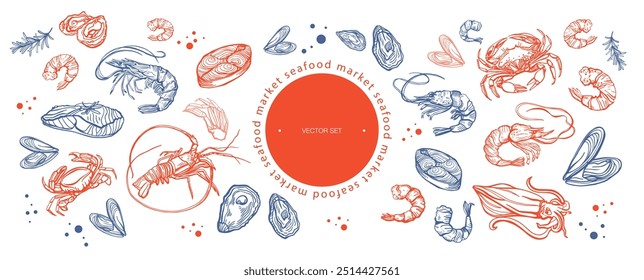 Conjunto isolado de frutos do mar desenhado à mão. Camarões, lagostins, camarões, salmão, truta, ostras, mexilhões, lulas, caranguejo. Comida vintage ilustração e modelo em um fundo branco.