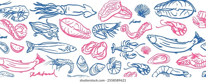 Hand drawn isolated vector set of seafood. Shrimps, langoustines, prawns, salmon, trout, oysters, mussels, squid, crab. Food vintage illustration and template on a white background.	