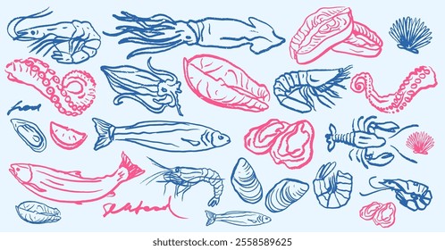 Hand drawn isolated vector set of seafood. Shrimps, langoustines, prawns, salmon, trout, oysters, mussels, squid, crab. Food vintage illustration and template on a white background.	