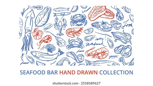 Hand drawn isolated vector set of seafood. Shrimps, langoustines, prawns, salmon, trout, oysters, mussels, squid, crab. Food vintage illustration and template on a white background.	