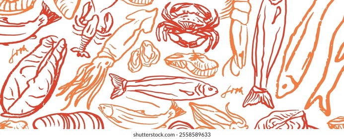 Hand drawn isolated vector set of seafood. Shrimps, langoustines, prawns, salmon, trout, oysters, mussels, squid, crab. Food vintage illustration and template on a white background.	