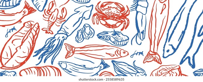 Hand drawn isolated vector set of seafood. Shrimps, langoustines, prawns, salmon, trout, oysters, mussels, squid, crab. Food vintage illustration and template on a white background.	